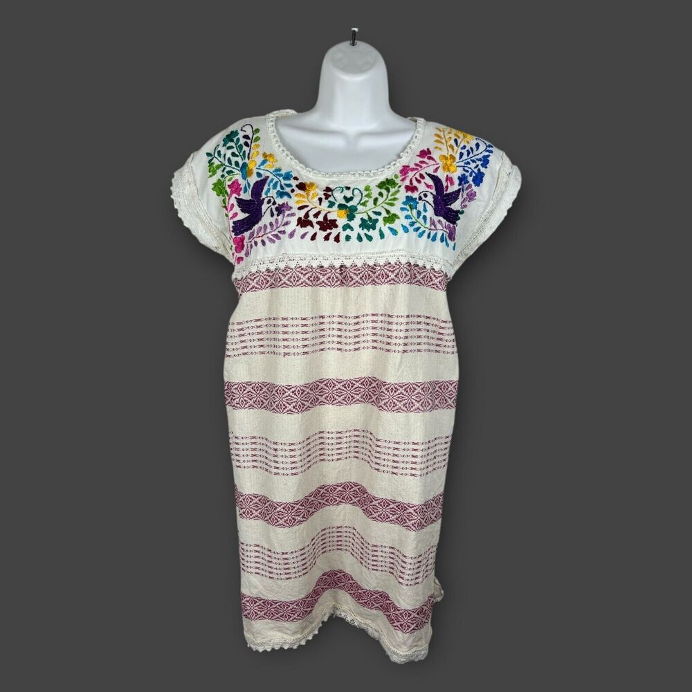 Cream Embroidered Floral Bird Colorful Cotton Boho Festival Dress Size 4‎ XS